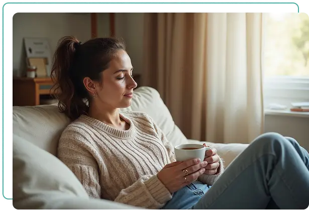 Nő a kanapén ül bögrével, csendes pihenés és megnyugvás