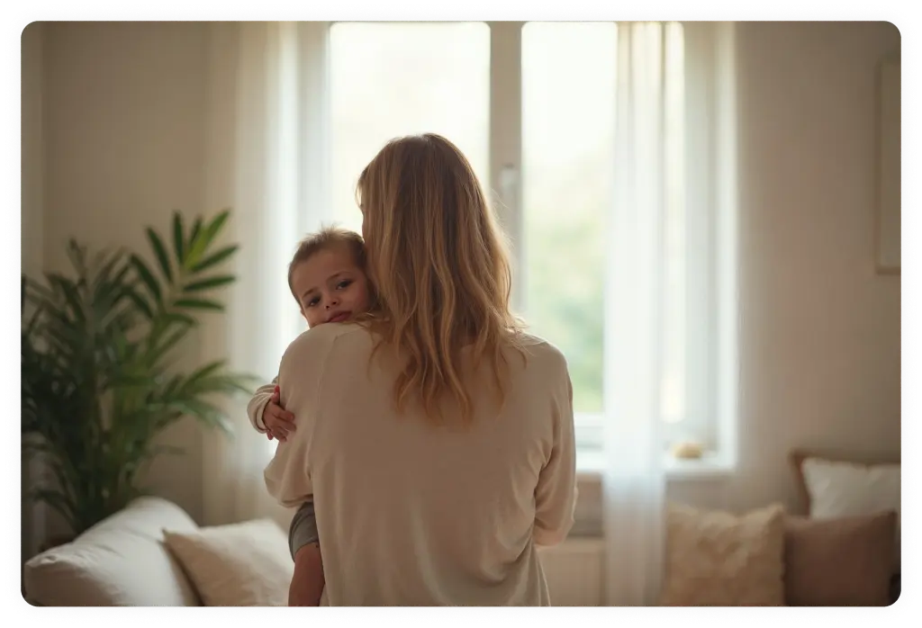 Anya karjában kisbabával, nyugodt otthoni pillanat természetes fényben